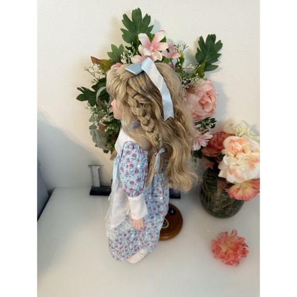 Porcelain Doll Blond Braids Hair Floral Print & White Lace Dress 16\